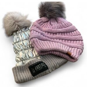 SO Purple and Justice Silver Pom-Pom Beanie Set